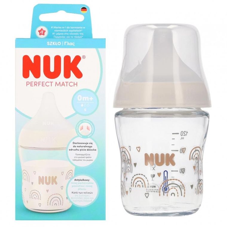 Nuk, Perfect Match, butelka szklana, rozmiar M, tęcza, 120 ml