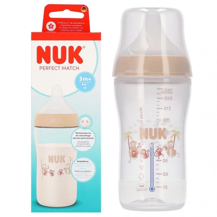 Nuk, Perfect Match, butelka z silikonowym smoczkiem, rozmiar M, małpka, 260 ml
