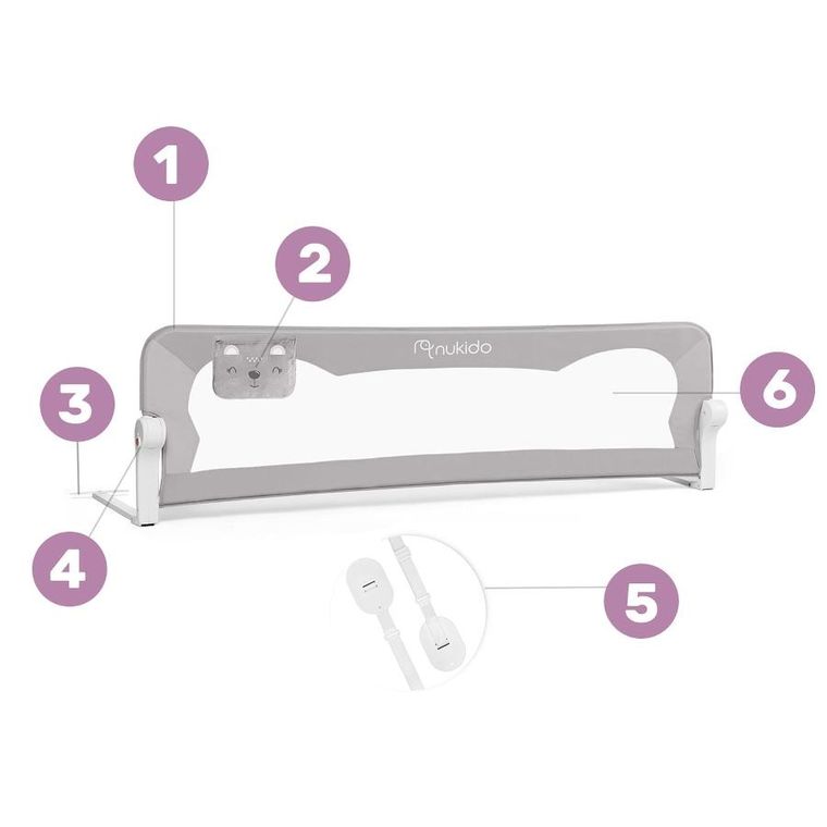 Nukido, osłona zabezpieczająca na łóżko, szara, 180-42-35 cm