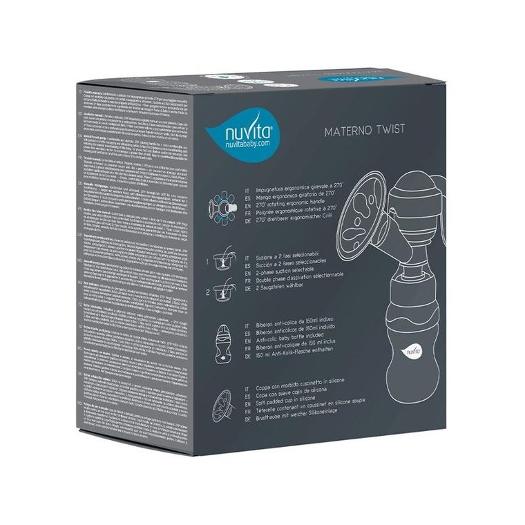 Nuvita, Materno Twist, laktator ręczny dwufazowy z obrotową rączka 270°, szary + butelka, 150 ml