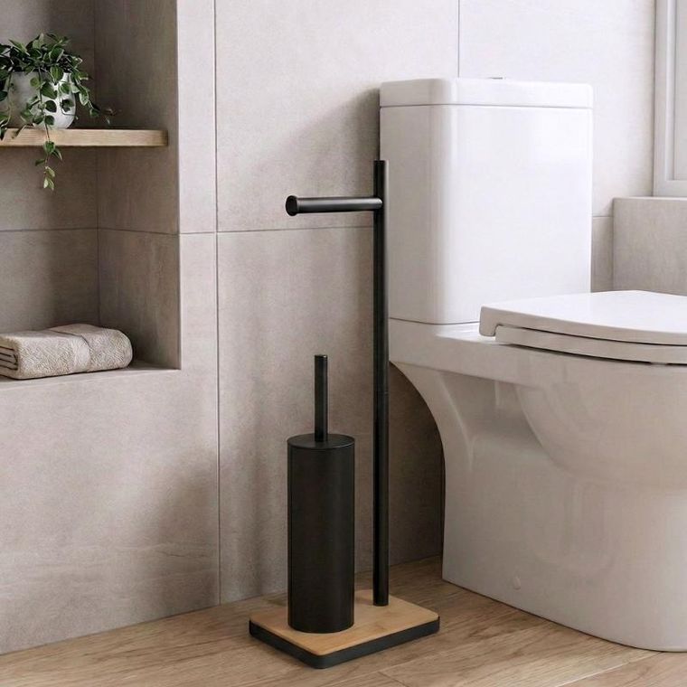 Nuxio, Ivlo, szczotka do WC z uchwytem na papier toaletowy i bambusową podstawką, 65 cm