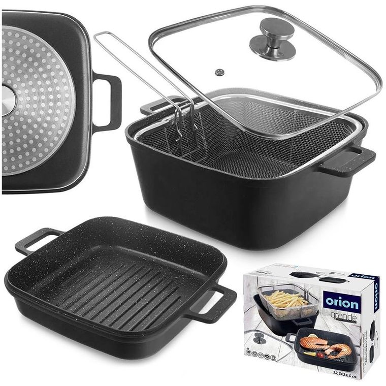 Orion, Grande, garnek granitowy, szklana pokrywka, patelnia grillowa, koszyczek, 2+4l, 4 elementy