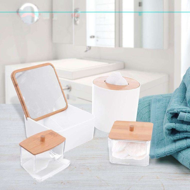 Orion, mini kosz łazienkowy z bambusową pokrywką, biały, 1,5l