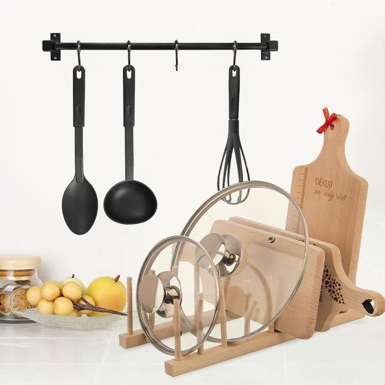 Orion, stojak na talerze i pokrywki, drewniany, 35.5-13.5-11 cm