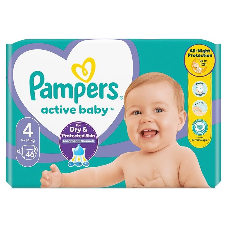 Pampers, Active Baby, pieluchy jednorazowe, rozmiar 4, 9-14 kg, 46 szt.