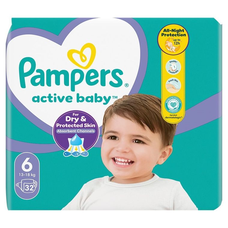 Pampers, Active Baby, pieluchy jednorazowe, rozmiar 6, 13-18 kg, 32 szt.