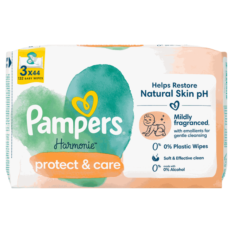 Pampers, Harmonie Protect & Care, chusteczki nawilżane dla dzieci, 3-pack, 132 szt.