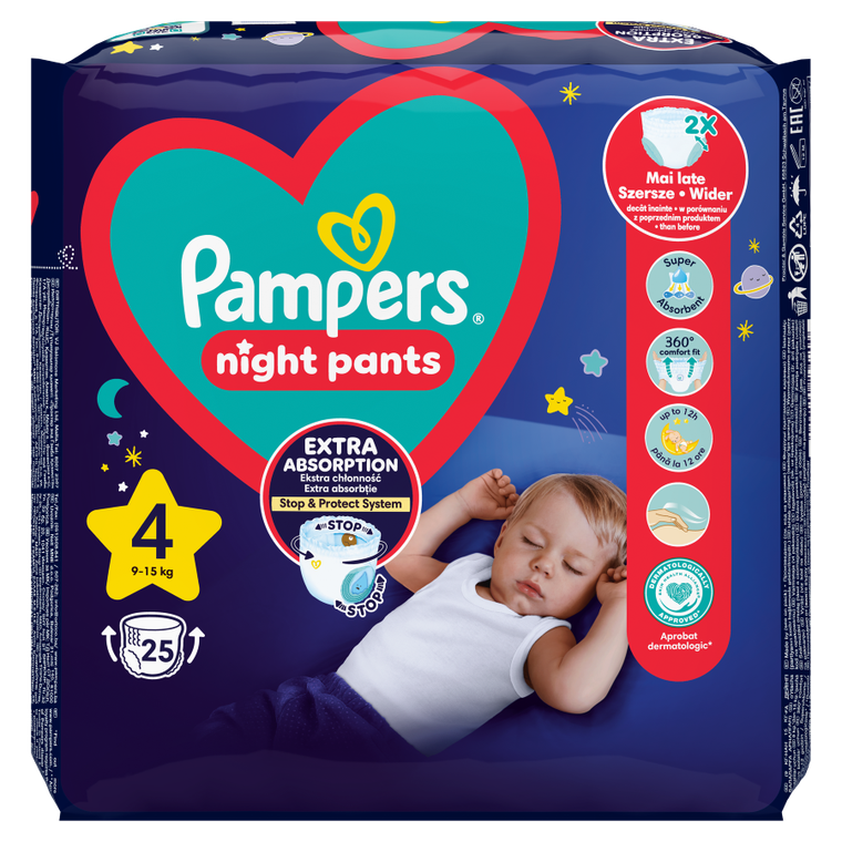 Pampers, Night Pants, pieluchomajtki, rozmiar 4, 9-15 kg, 25 szt.