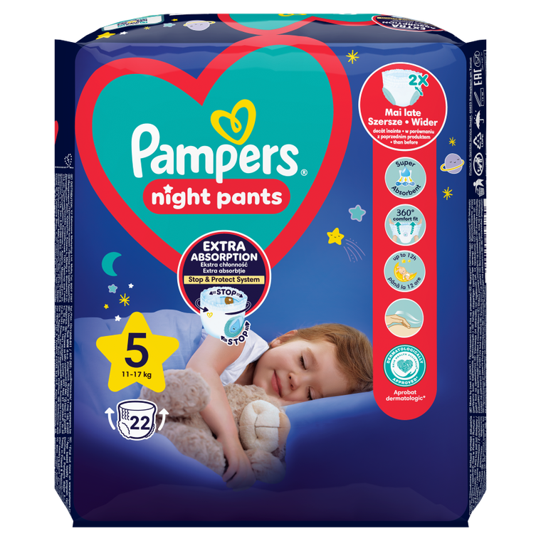 Pampers, Night Pants, pieluchomajtki, rozmiar 5, 12-17 kg, 22 szt.