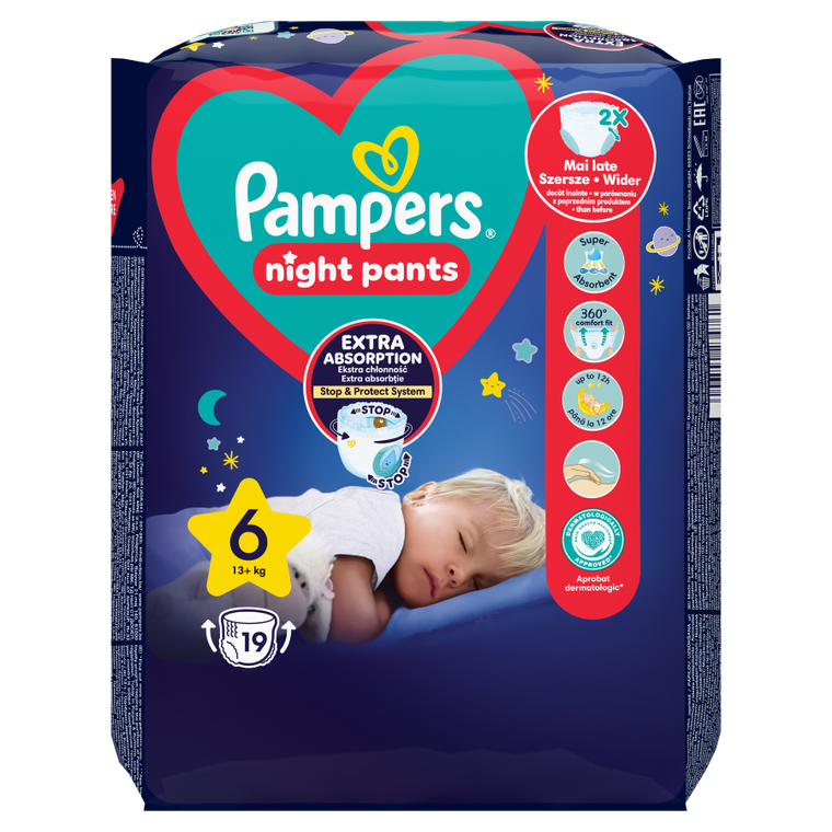 Pampers, Night Pants, pieluchomajtki, rozmiar 6, 15 kg+, 19 szt.