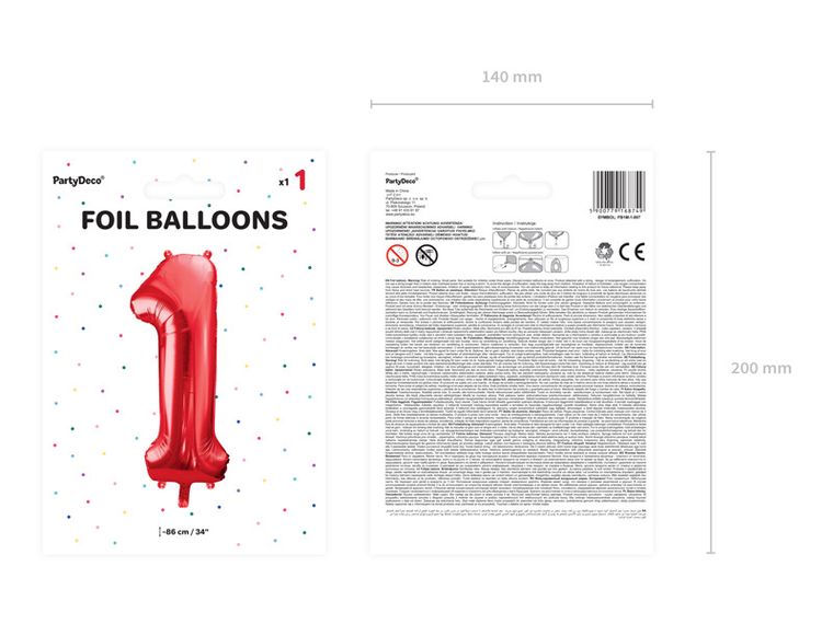 PartyDeco, balon foliowy, cyfra "1", 86 cm, czerwony, 1 szt.