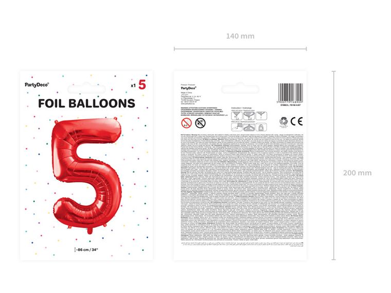 PartyDeco, balon foliowy, cyfra "5", 86 cm, czerwony, 1 szt.