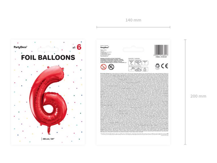 PartyDeco, balon foliowy, cyfra "6", 86 cm, czerwony, 1 szt.