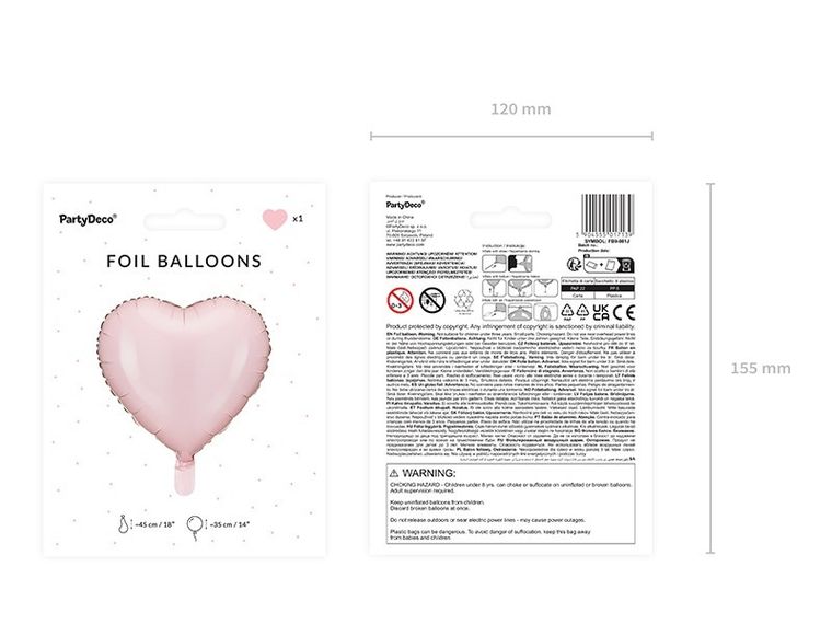 PartyDeco, balon foliowy, serce, jasny różowy, 45 cm