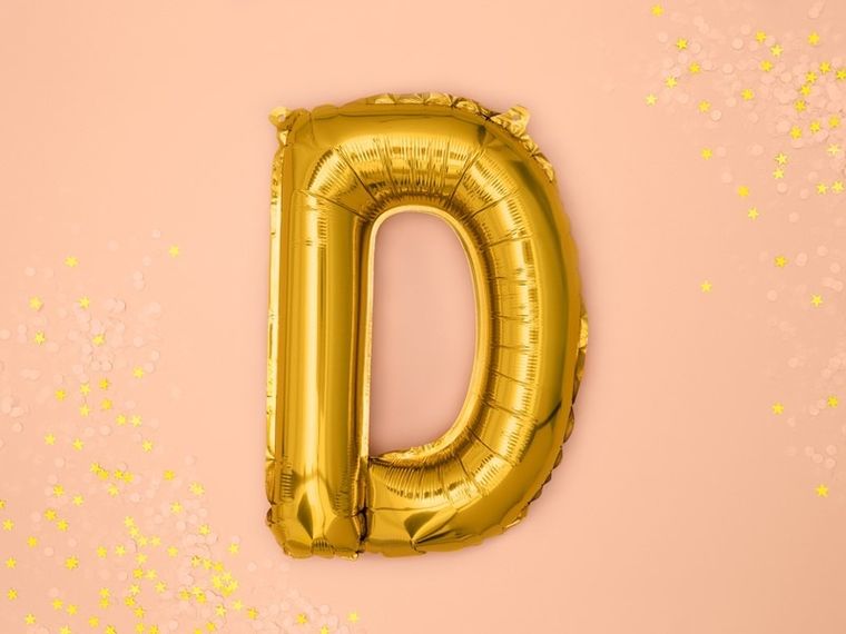 PartyDeco, balon foliowy, w kształcie litery D, złoty, 35 cm