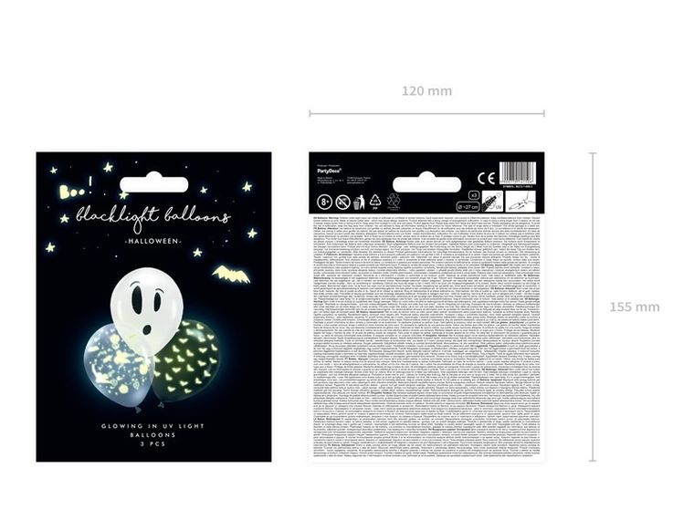 PartyDeco, balony UV, 27 cm, Boo!, 3 szt.