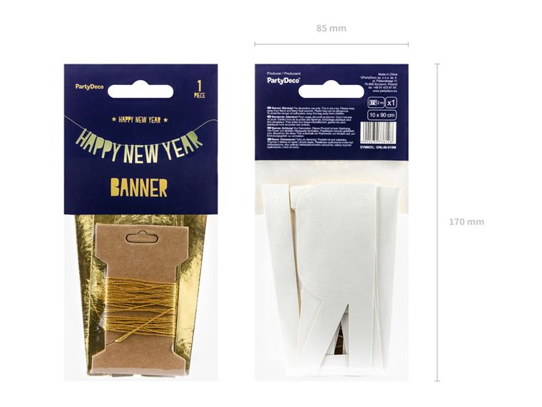 PartyDeco, baner Happy New Year, złoty, 10-90 cm