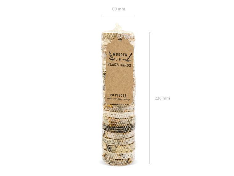 PartyDeco, drewniane wizytówki na stół, średnica 4,5-6,5 cm, 20 szt.