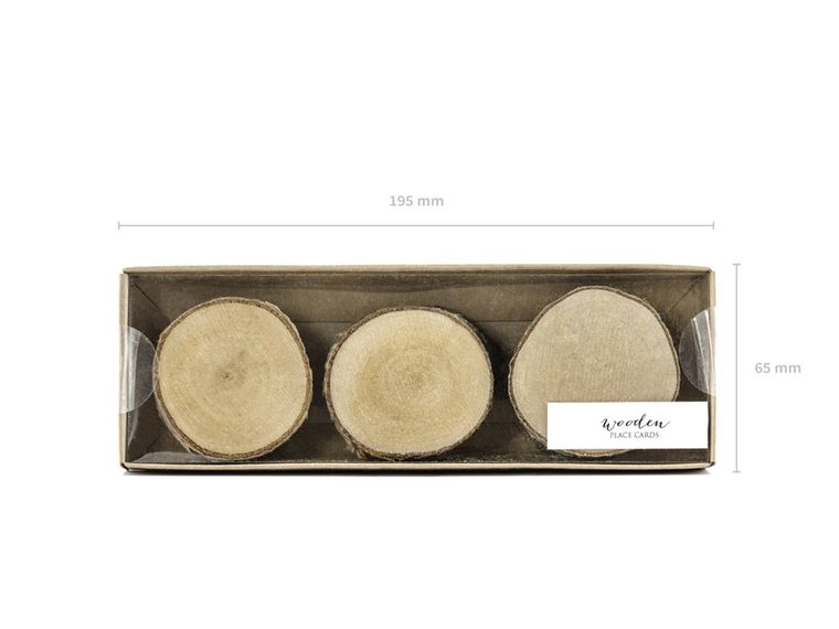 PartyDeco, drewniane wizytówki na stół, średnica 4,5-6,5 cm, 6 szt.