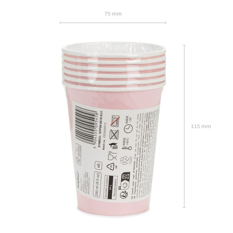 PartyDeco, kubeczki papierowe, jasny różowy, 250 ml, 6 szt.