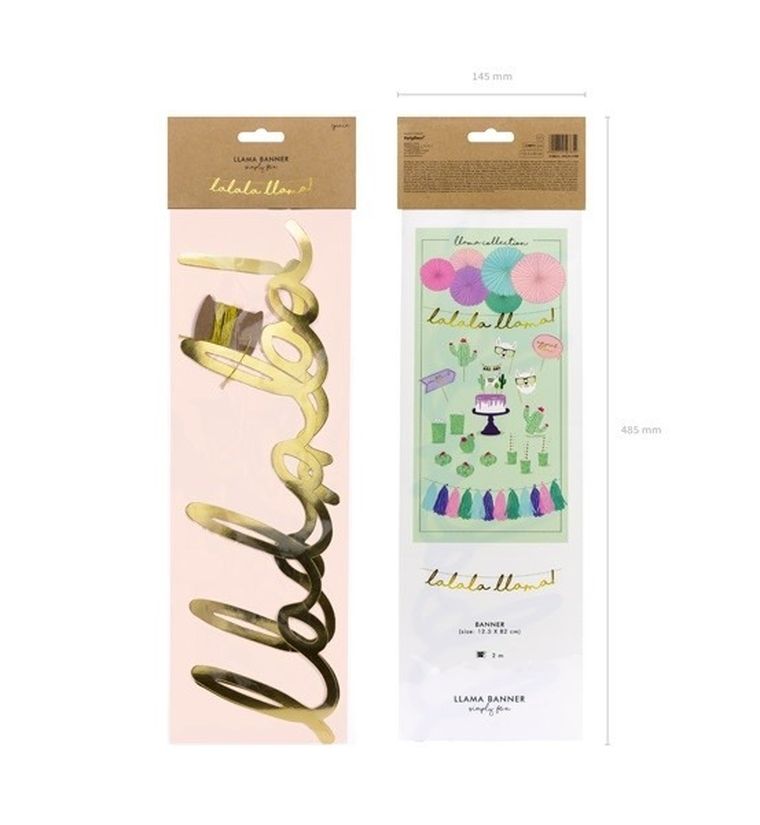 PartyDeco, Lama Party, baner, lama-lalala llama, złoty, 12,5-82 cm
