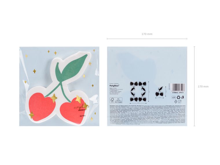 PartyDeco, serwetki Wiśnie, mix, 13.5-16 cm, 20 szt.