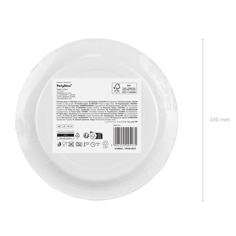 PartyDeco, talerzyki papierowe, jasny różowy, 18 cm, 6 szt.