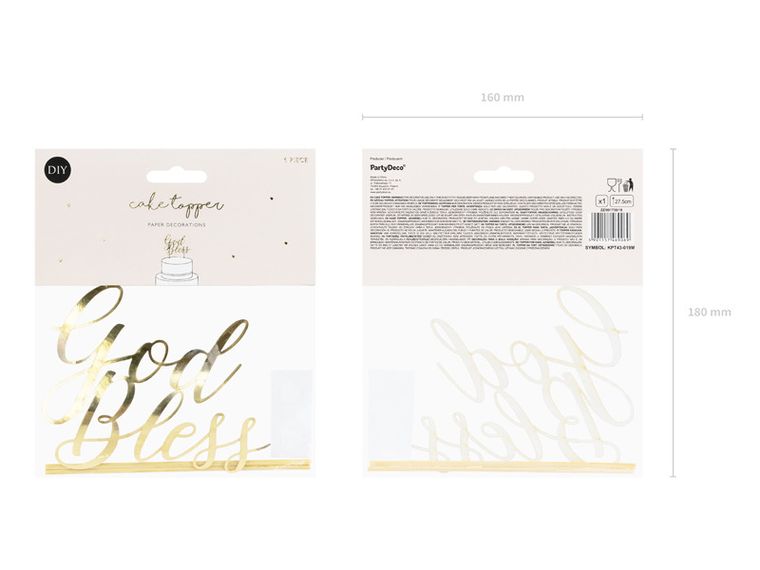 PartyDeco, topper na tort God Bless, złoty, 27,5 cm