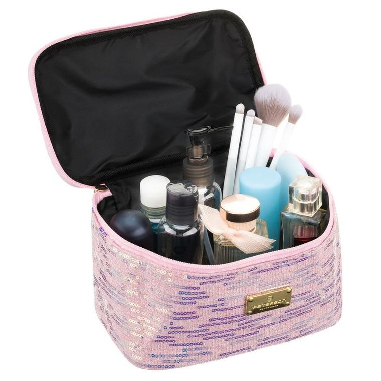 Peterson, kosmetyczka kuferek, cekinowa, różowa