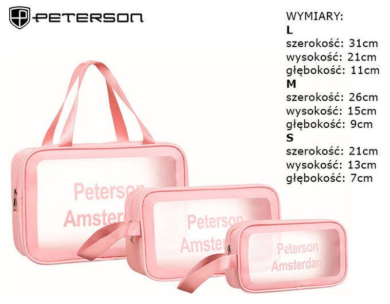 Peterson, kosmetyczka wodoodporna, różowa, 3 szt.