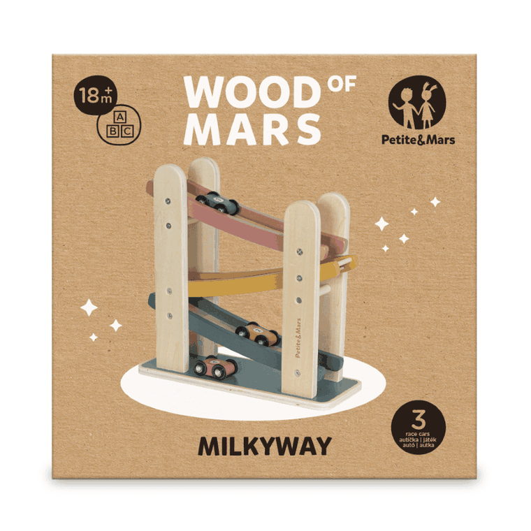 Petite&Mars, Milky Way Wood of Mars, drewniana zdjężdzalnia z autkami, tor