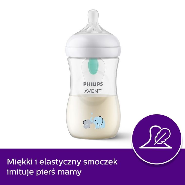 Philips Avent, Responsywne Butelki Natural, Air Free, Słoń, butelka z wentylem, 1m+, 260 ml