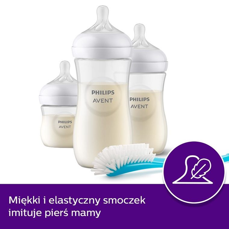 Philips Avent, zestaw startowy, Responsywne Butelki Natural, 3 szt. + szczotka do czyszczenia butelek