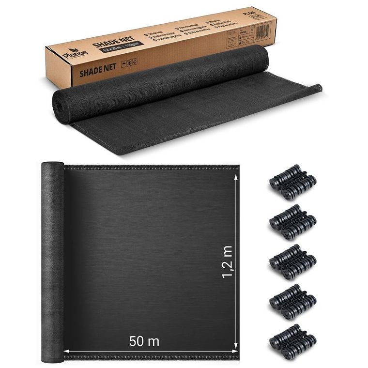 Plonos, siatka cieniująca, 1,2-50m, 140g/m2 + 50 zacisków, szara