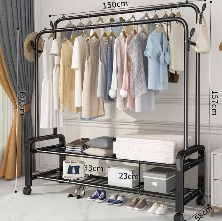 Podwójny, wolnostojący wieszak na ubrania, czarny, 150-157 cm