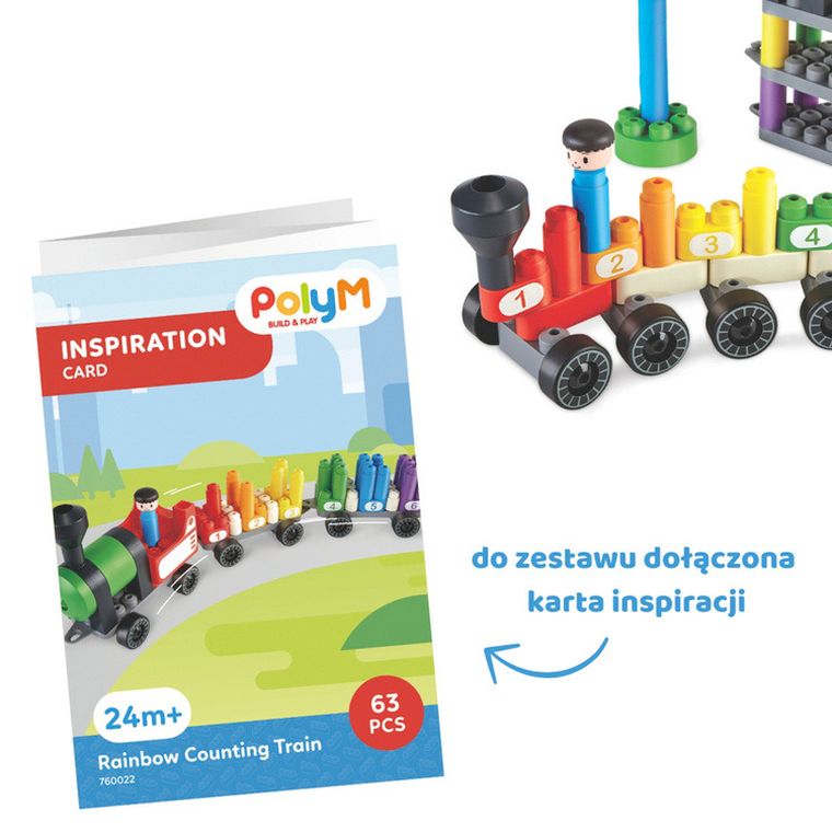 PolyM, Tęczowy pociąg do liczenia, klocki konstrukcyjne, 63 elementów