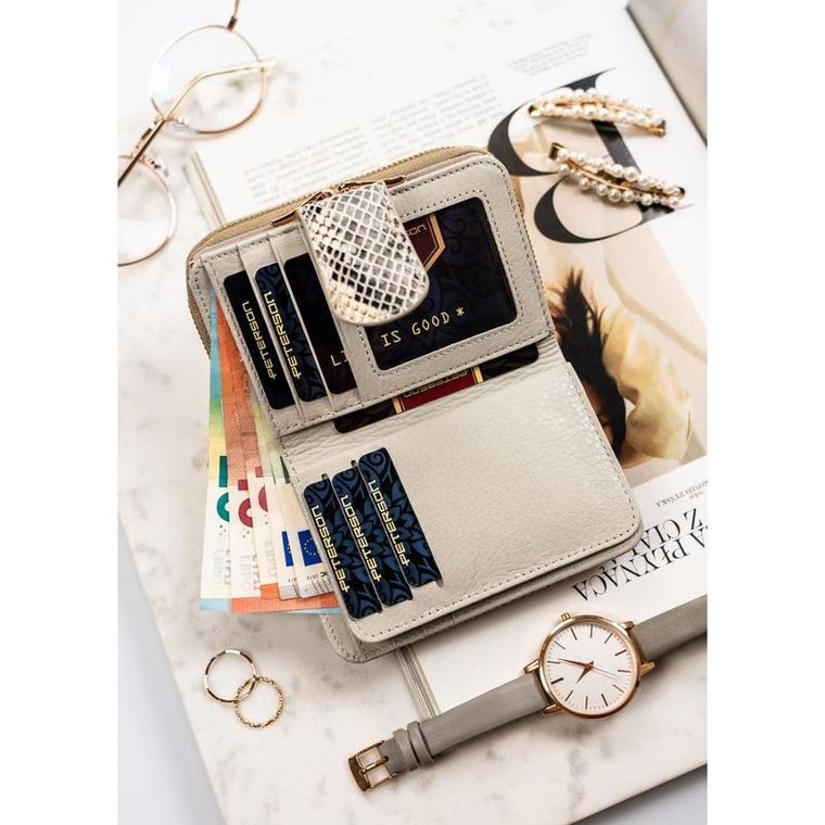 Portfel, beżowy, skórzany, RFID, Peterson