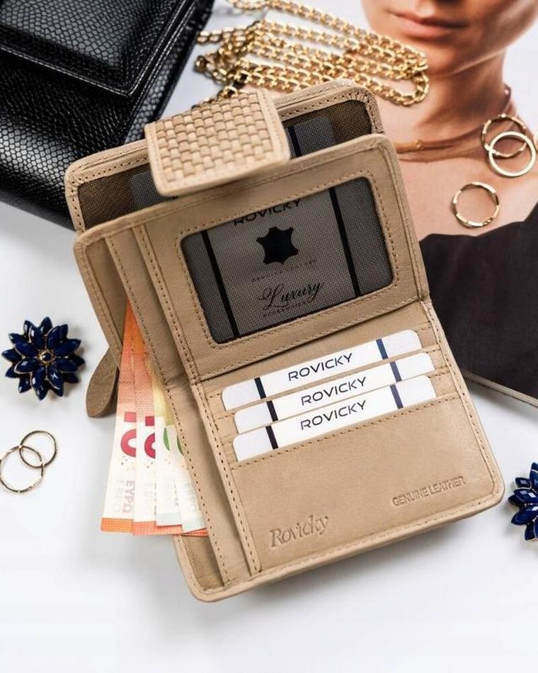 Portfel, beżowy, skórzany, RFID, Rovicky