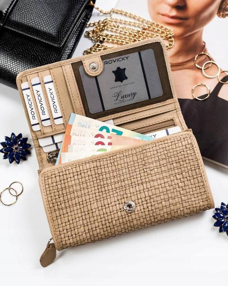 Portfel, beżowy, skórzany, RFID, Rovicky