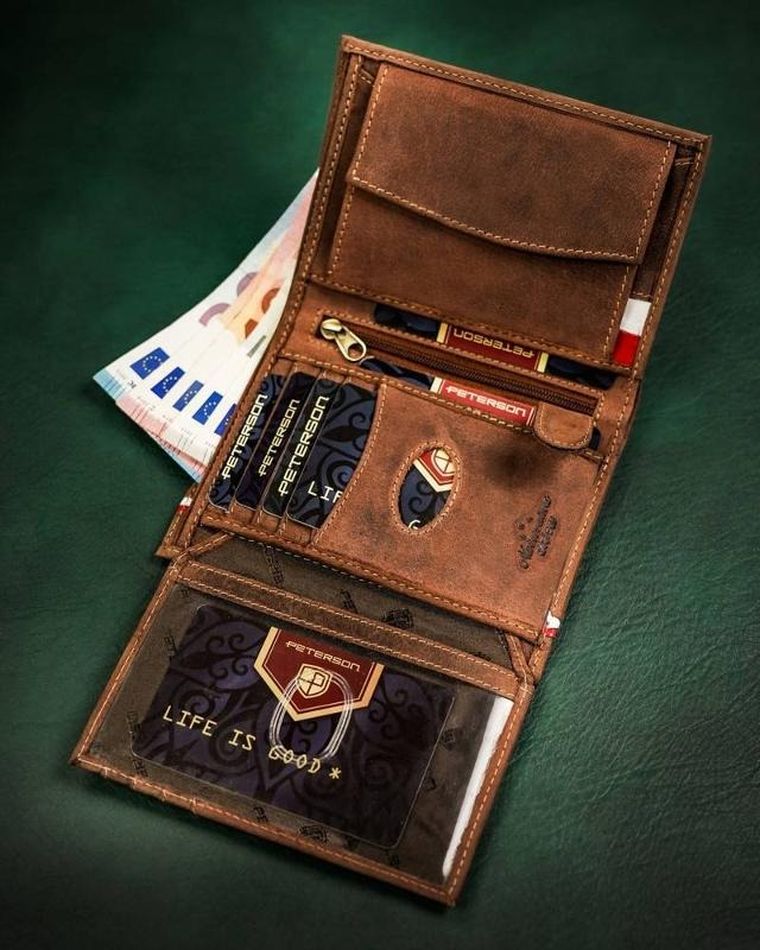 Portfel, brązowy, skórzany, Peterson