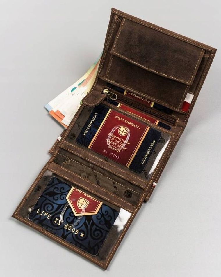 Portfel, brązowy, skórzany, Peterson