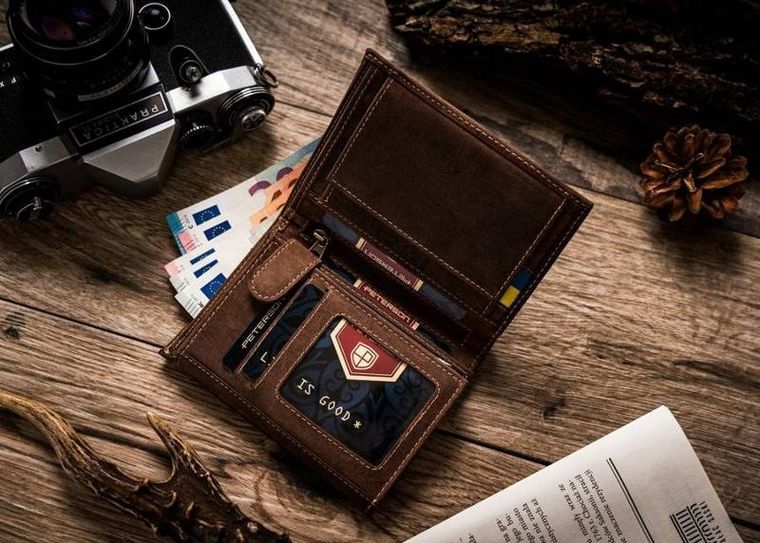 Portfel, brązowy, skórzany, Peterson