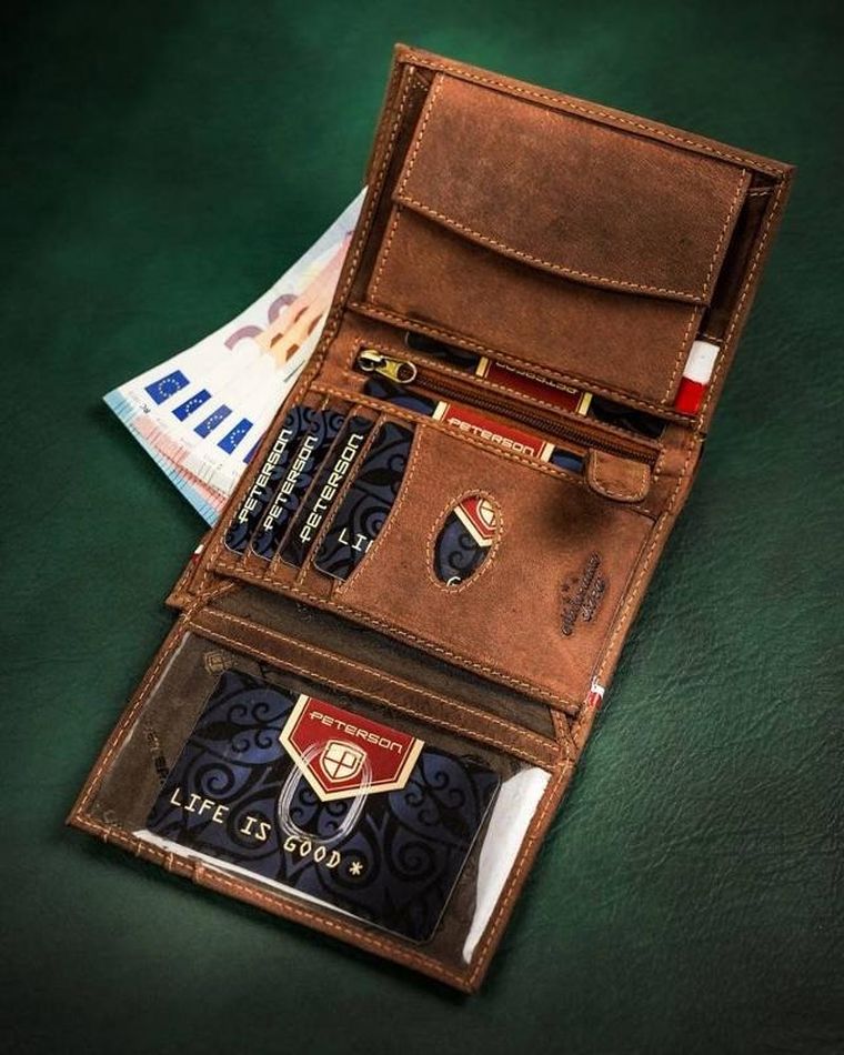 Portfel, brązowy, skórzany, Peterson
