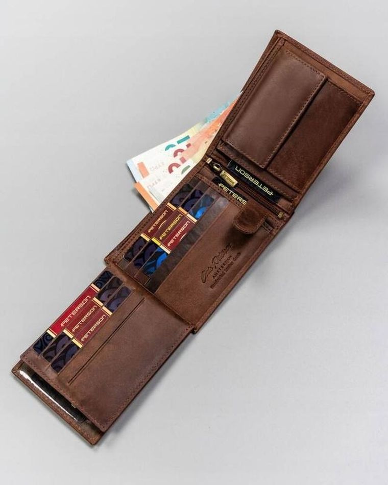 Portfel, brązowy, skórzany, Peterson