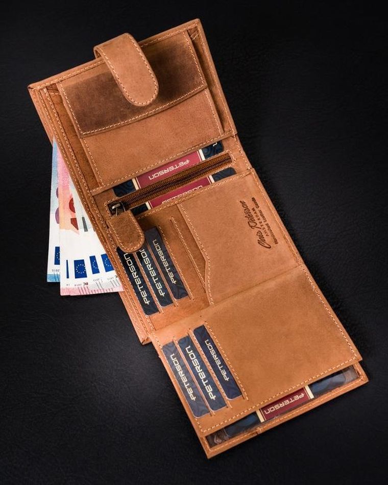 Portfel, brązowy, skórzany, RFID, Peterson