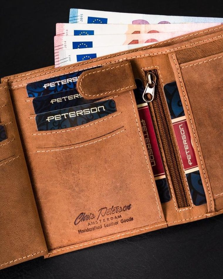 Portfel, brązowy, skórzany, RFID, Peterson