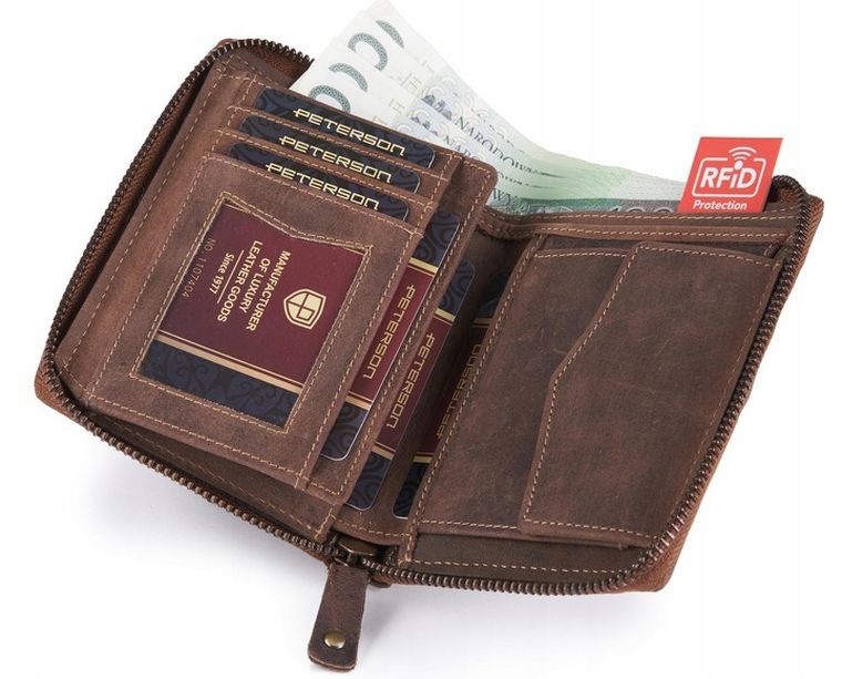 Portfel, brązowy, skórzany, RFID, Peterson