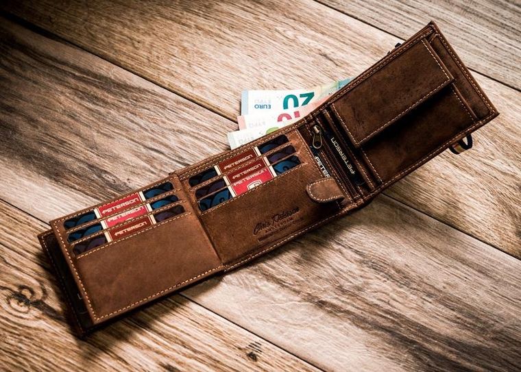 Portfel, brązowy, skórzany, RFID, Peterson