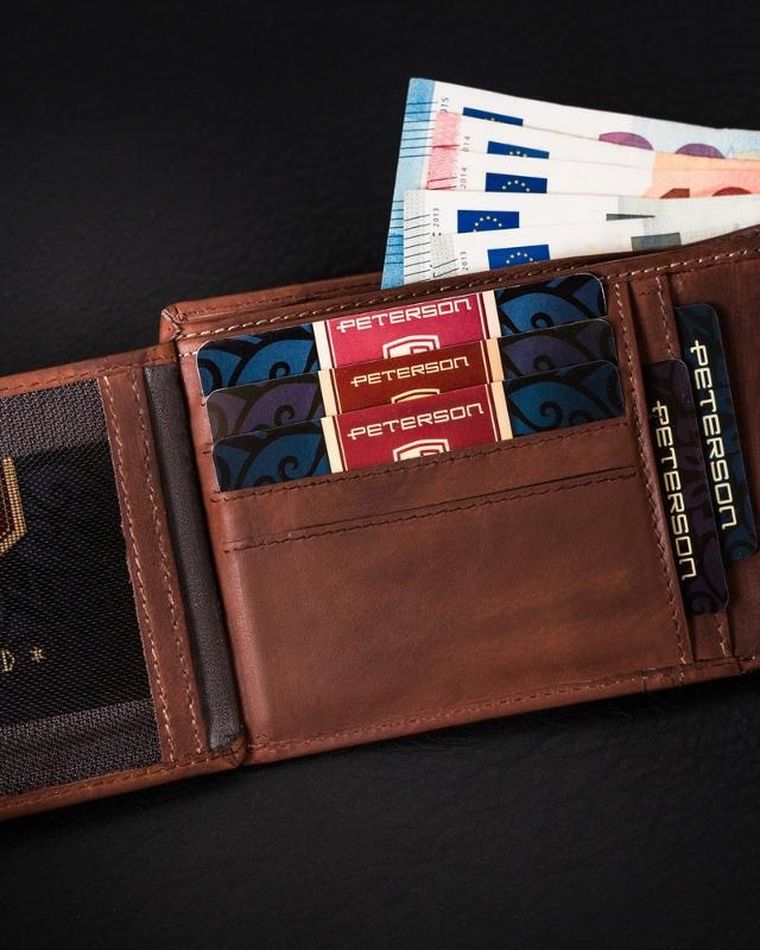 Portfel, brązowy, skórzany, RFID, Peterson