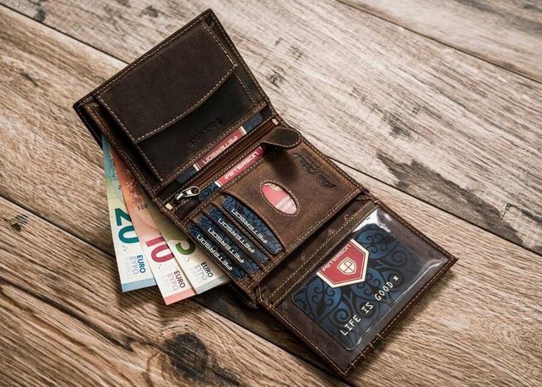 Portfel, brązowy, skórzany, RFID, Peterson